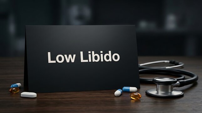 Low libido health information card on wooden desk with stethoscope and medicine pills in professional medical environment