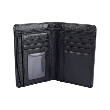 Black empty leather wallet isolated on transparent background
