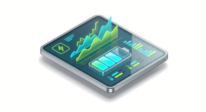 3D Isometric Next-Gen Battery and Energy Storage Icon BMS Dashboard Tablet., Electric Cyan Glass Style, Sharp Shadows, Future Energy Concept