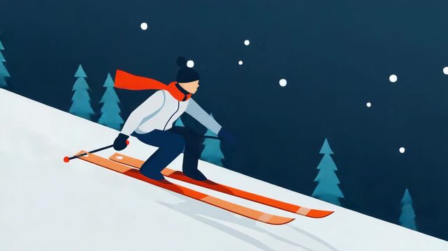 Man Skiing Down a Snowy Mountain at Night. 2D Animation of Winter Sports, Holiday Vacation, and Outdoor Recreational Activity.