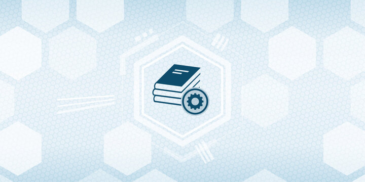 Abstract digital background with a stack of books icon and a gear symbol representing technical knowledge, research, e-learning, academic development and education