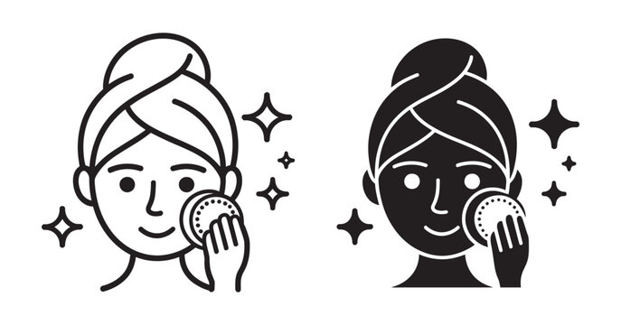 Woman cleaning face with cotton pad icon set, head towel skincare routine beauty treatment facial hygiene maintenance vector illustration