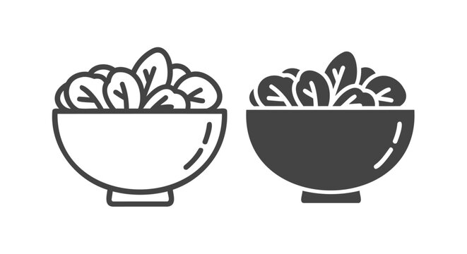 Two simple salad bowl icons displaying a healthy meal in outline and solid black styles