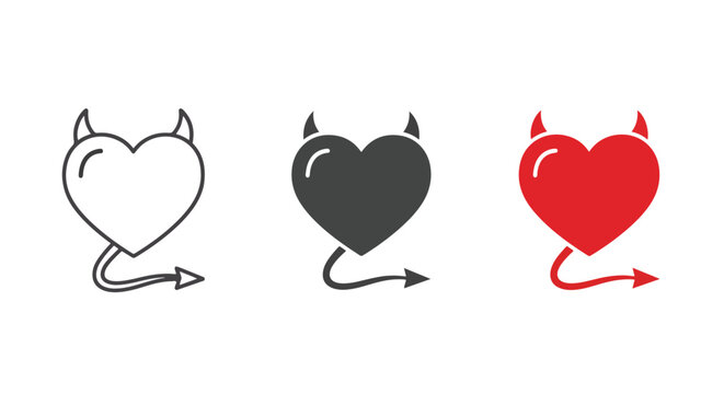 Devil heart with horns and tail icon - Minimalist, flat icon, outline, glyph, linear, clipart, sticker - icon set