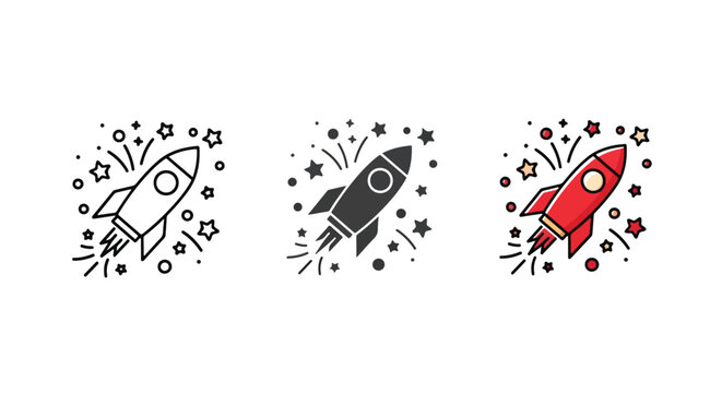 Space rocket launch icon set for design - logo icons vector set. Blue, Black and white icons
