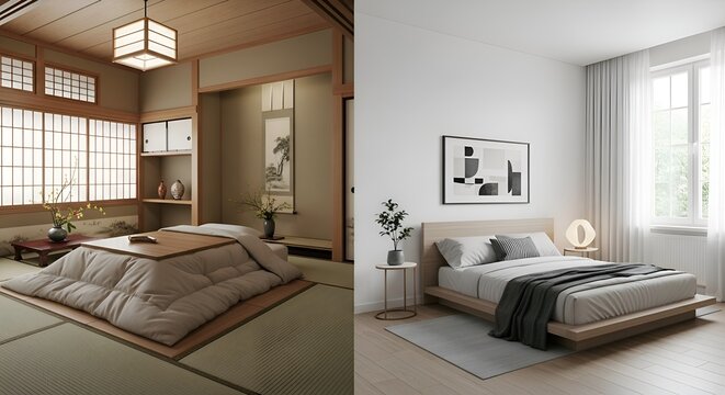Zen Bedroom: Japanese kotatsu and modern bedroom interior design