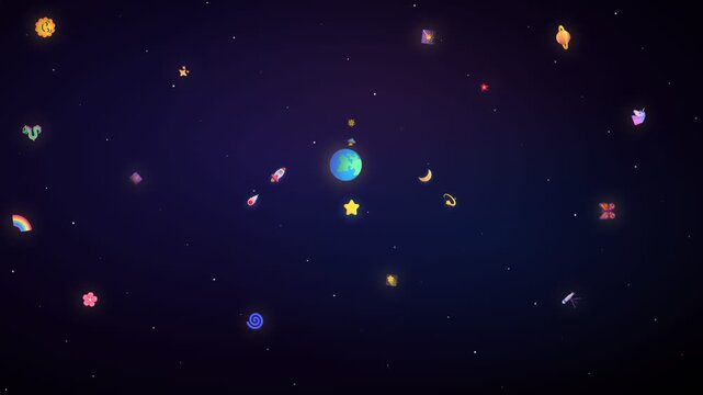 Whimsical Space Illustration with Earth, Rocket, and Planets