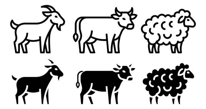 Clean line art illustration set of cow, goat, and sheep icons in minimal outline style, suitable for logos, UI, and simple design needs.