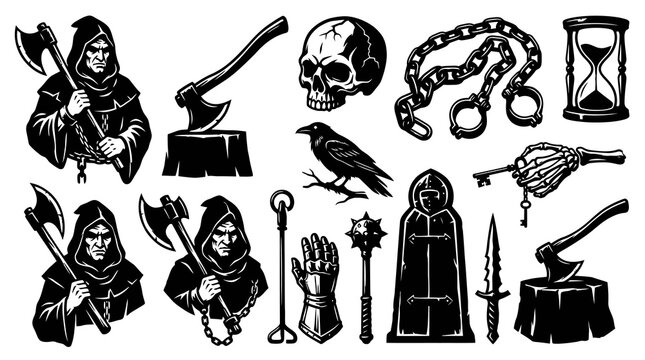 Grim Reaper with Axe, Skull, Raven, Chains, Dagger, Hourglass Icons - Black  White Vector