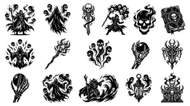 Dark Fantasy Magic and Occult Vector Art Set with Wizards, Skulls, Spells, and Grim Reapers