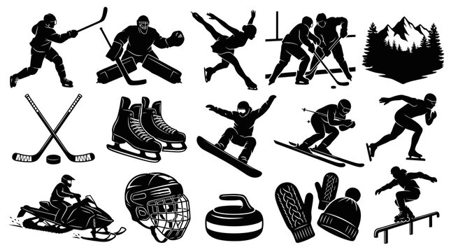 Winter Sports and Activities Black and White Silhouette Vector Icons Set