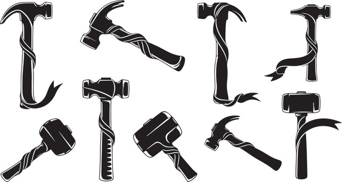 Collection of various hammer tools and equipment icons