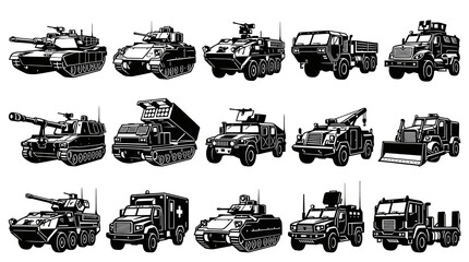 Obraz premium Military Vehicles Set: Tanks, Trucks, Artillery Black and White Line Art