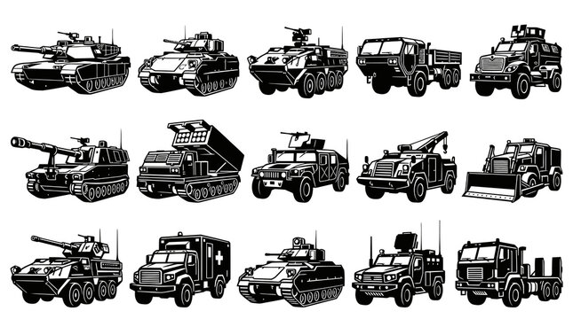 Military Vehicles Set: Tanks, Trucks, Artillery Black and White Line Art
