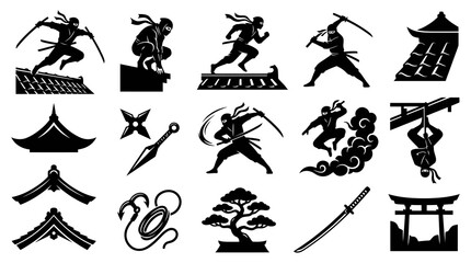 Obraz premium Japanese Ninja Martial Arts Silhouette Icon Set featuring Warriors, Weapons, and Cultural Glyphs