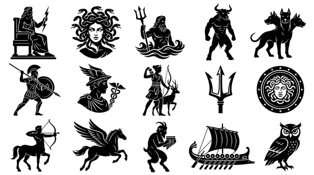 Mythology Vector Icons Set: Ancient Greek  Roman Gods, Goddesses, Creatures  Symbols Glyphs Black  White