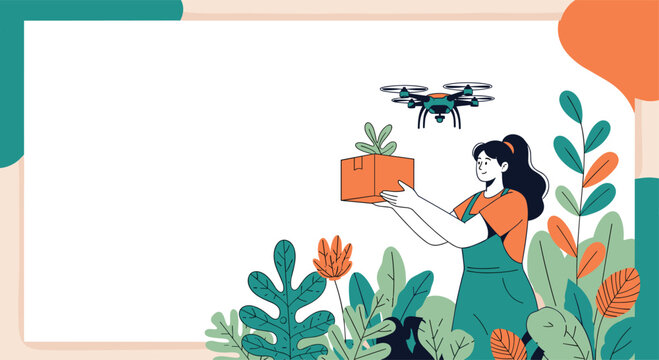 Female gardener in green overalls holding box with plant while small drone flies above with white banner space.