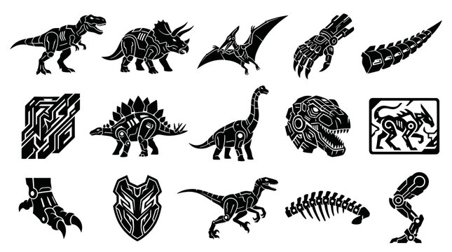 Futuristic Cybernetic Dinosaur Icons - Sci-Fi Robot Animals Vector Art