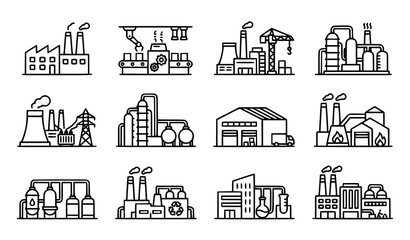 Obraz premium Modern Industrial Manufacturing Factory Icons Collection Vector Set of Business Plant Construction and Chemical Production Facilities