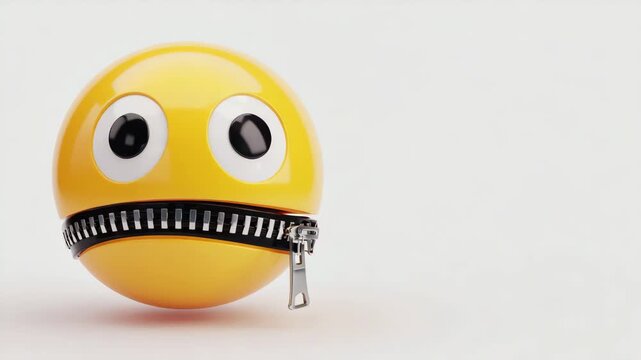 Funny Zipper Mouth Emoji Character in Minimal 3D Cartoon Style on Clean Background