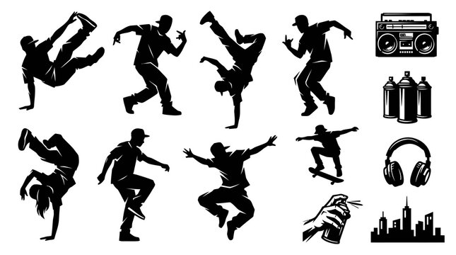 Hip Hop Breakdancing Silhouettes: Dancers, Graffiti, Boombox, Headphones, Cityscape Icons
