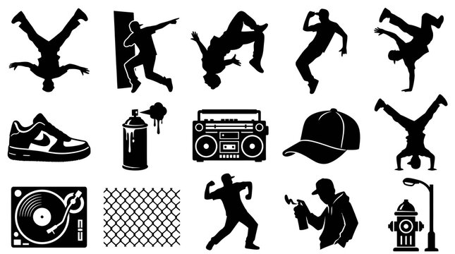 Hip Hop Breakdance Elements: Dancers, Spray Paint, Boombox, Sneakers, Cap
