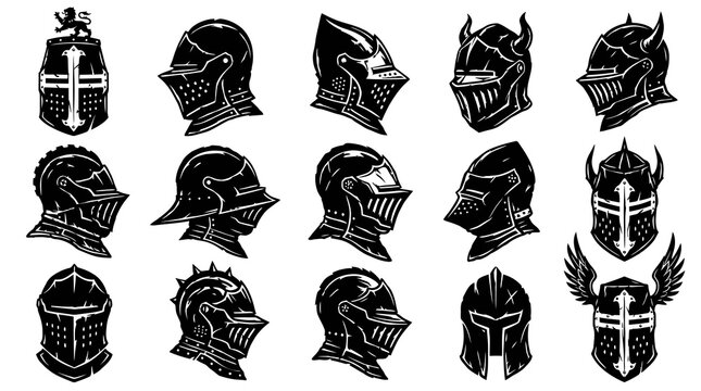 Medieval Knight Helmets Black and White Glyph Art Set. Historical Fantasy Armor Icons Collection.