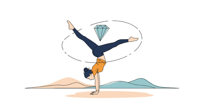 Athletic young woman performing a balanced handstand on one arm with her legs in a split against a minimalist landscape.
