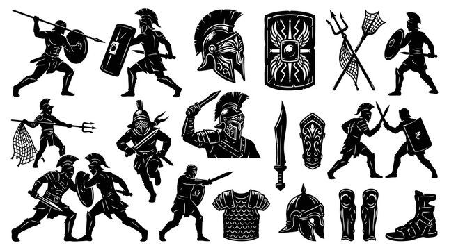 Roman Gladiators Fighting Vector Icons: Black and White Line Art Style