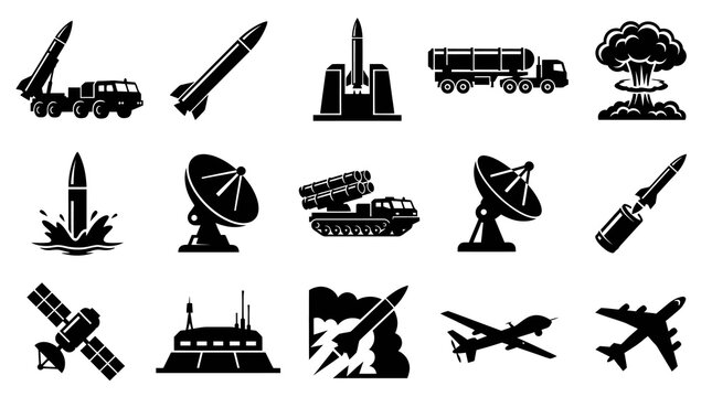 Military Weapons and Defense Technology Glyph Icons Set: Missiles, Radar Systems, Drones, and Defense Equipment Silhouettes