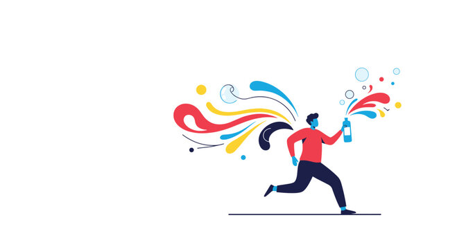 Creative person running while holding a spray bottle that releases vibrant colorful liquid splashes in an artistic and dynamic motion.