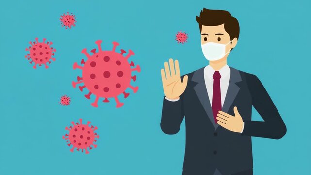Businessman with Face Mask Protecting From Virus. Animated character illustration showing prevention, safety, and health awareness during a pandemic.