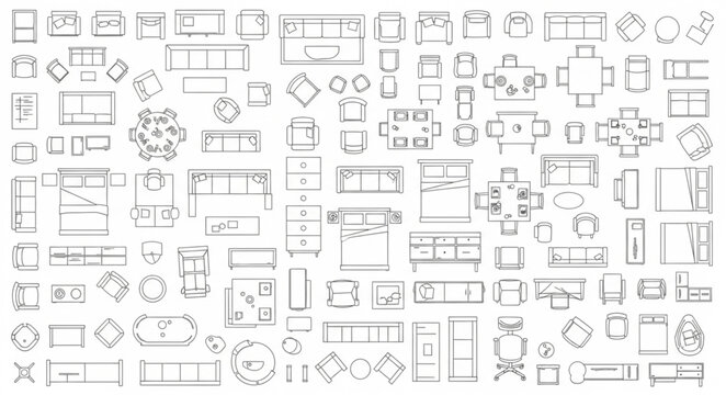 Collection of Architectural Floor Plan Symbols and Furniture Layouts.