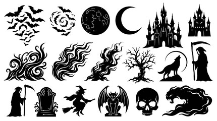 Fototapeta premium Halloween Silhouettes: Bats, Moon, Castle, Witch, Grim Reaper, Wolf, Skull, Gargoyle