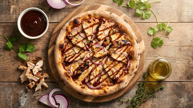 Top view BBQ chicken pizza flat lay with ingredients around, barbecue sauce bowl, grilled chicken pieces, onions, herbs, wooden background, restaurant menu style, warm natural lighting, 