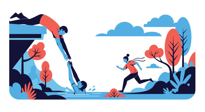 Brave person reaching out from a cliff to pull someone out of the water while a girl runs through the forest to offer assistance.
