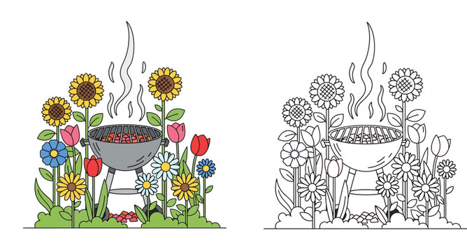 Backyard BBQ grill in a flower garden with sunflowers and tulips, set of colored and line art illustration for coloring book page, outdoor cooking and summer nature vector design.