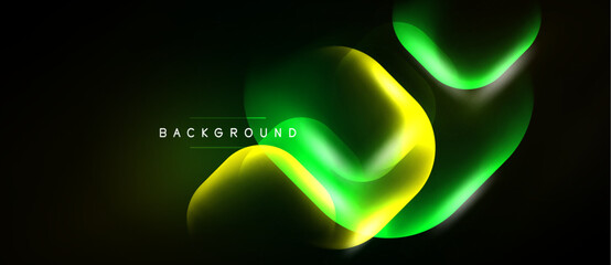 Naklejka premium Abstract neon shapes overlap dark background. Vibrant green, yellow hues create modern visual effect. Smooth gradients suggest energy, movement.