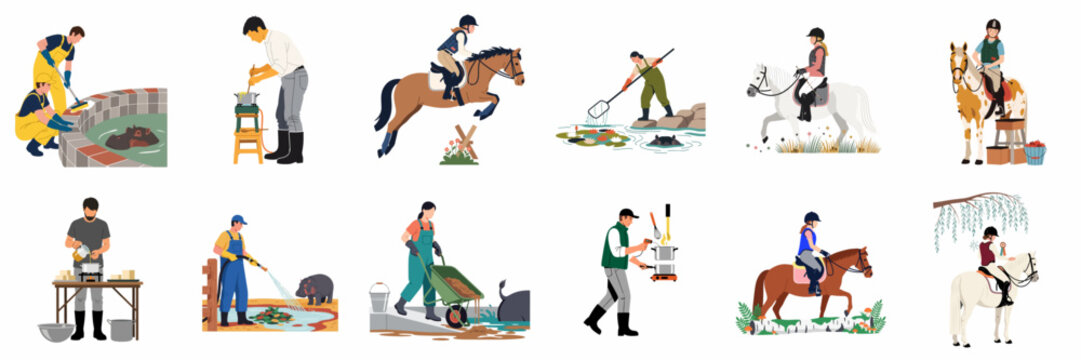 Collection of flat vector illustrations depicting zoo keepers caring for hippos, chefs preparing food, and equestrian athletes riding horses in various scenes.