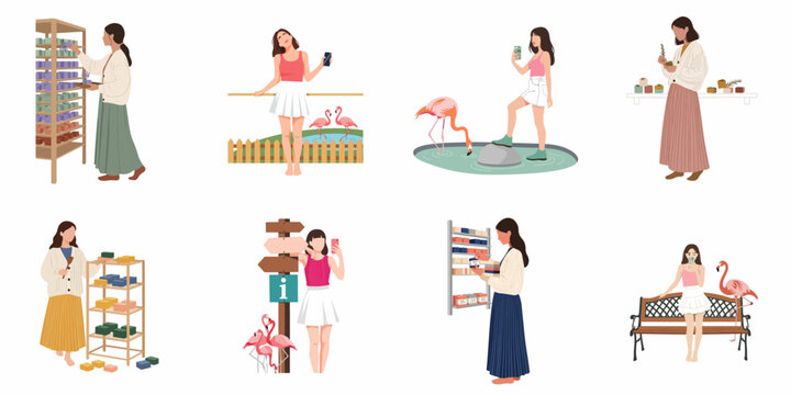 Collection of flat vector illustrations of women shopping for organic soaps and enjoying nature with flamingos at a park or sanctuary.