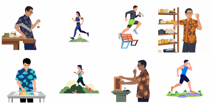 Collection of flat illustrations featuring people jogging and craftsmen in batik shirts conducting laboratory experiments and testing products.