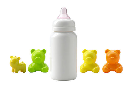 Baby bottle and toy set, centered cute nursery clipart elements, isolated on pure transparent background
