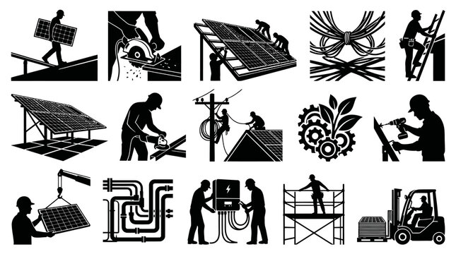Industrial Installation, Construction  Solar Energy Workers Glyphs Vector Icon Set