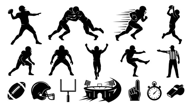 American Football Player Silhouettes Vector Icons Set