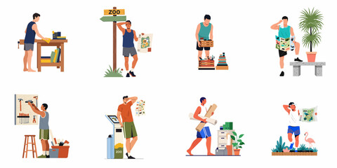 Fototapeta premium Collection of flat vector illustrations showing men engaged in various activities like visiting the zoo, DIY home improvement, and organizing workspaces.