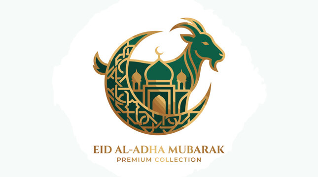 Islamic Eid Al Adha Greeting with Golden Goat and Mosque Moon