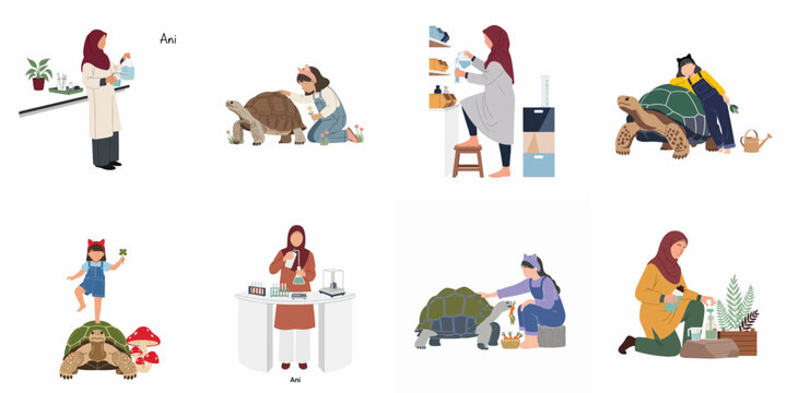 Vector illustration set featuring a Muslim scientist woman working in a lab and a young girl interacting with giant tortoises in various settings.