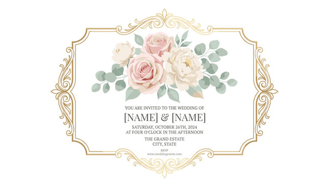 Elegant Wedding Invitation Card with Gold Ornate Frame and Pink Roses