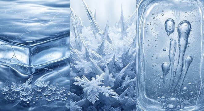 Frozen Water - Ice Crystals and Bubbles in Clear Ice Blocks.
