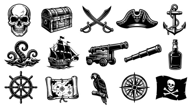 Pirate Adventure Elements Black and White Line Art Vector Set. Engraved Nautical Symbols  Icons Collection.